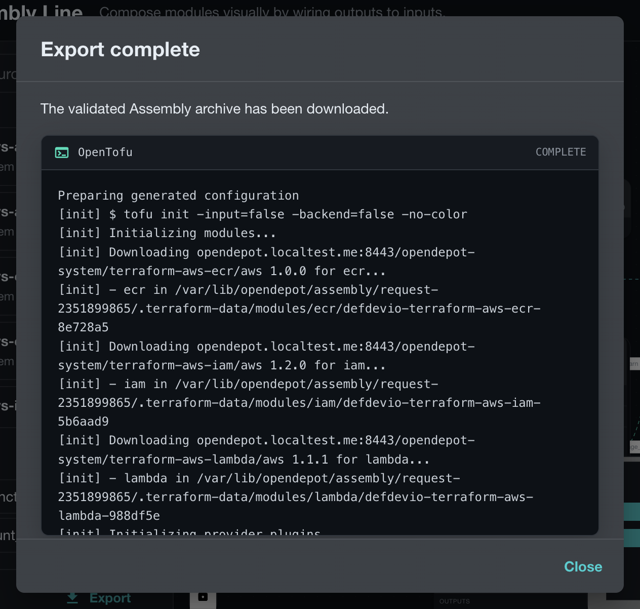 Assembly Line export complete dialog showing validated OpenTofu initialization