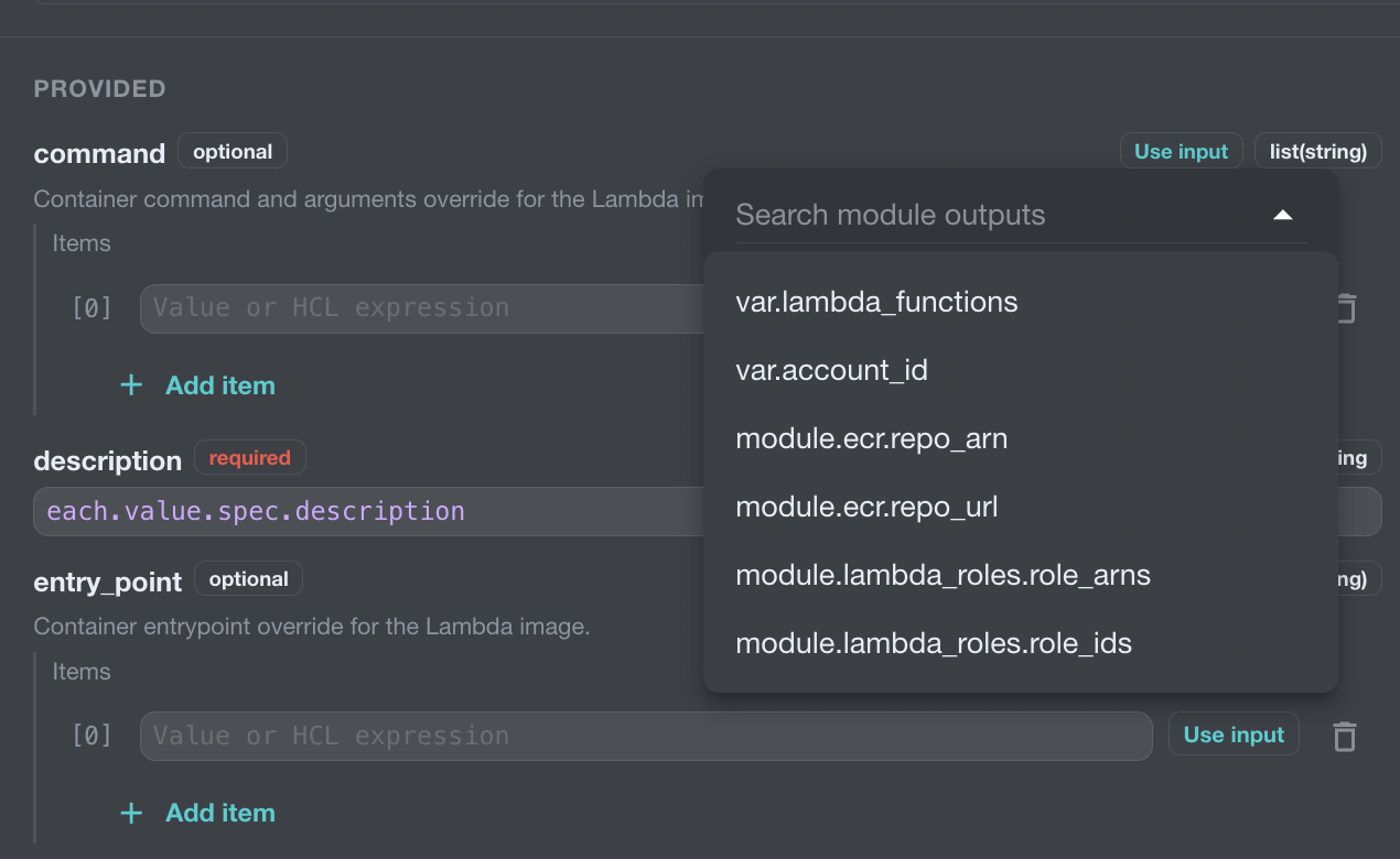 The Use input menu lists root variables and module outputs available to a module input