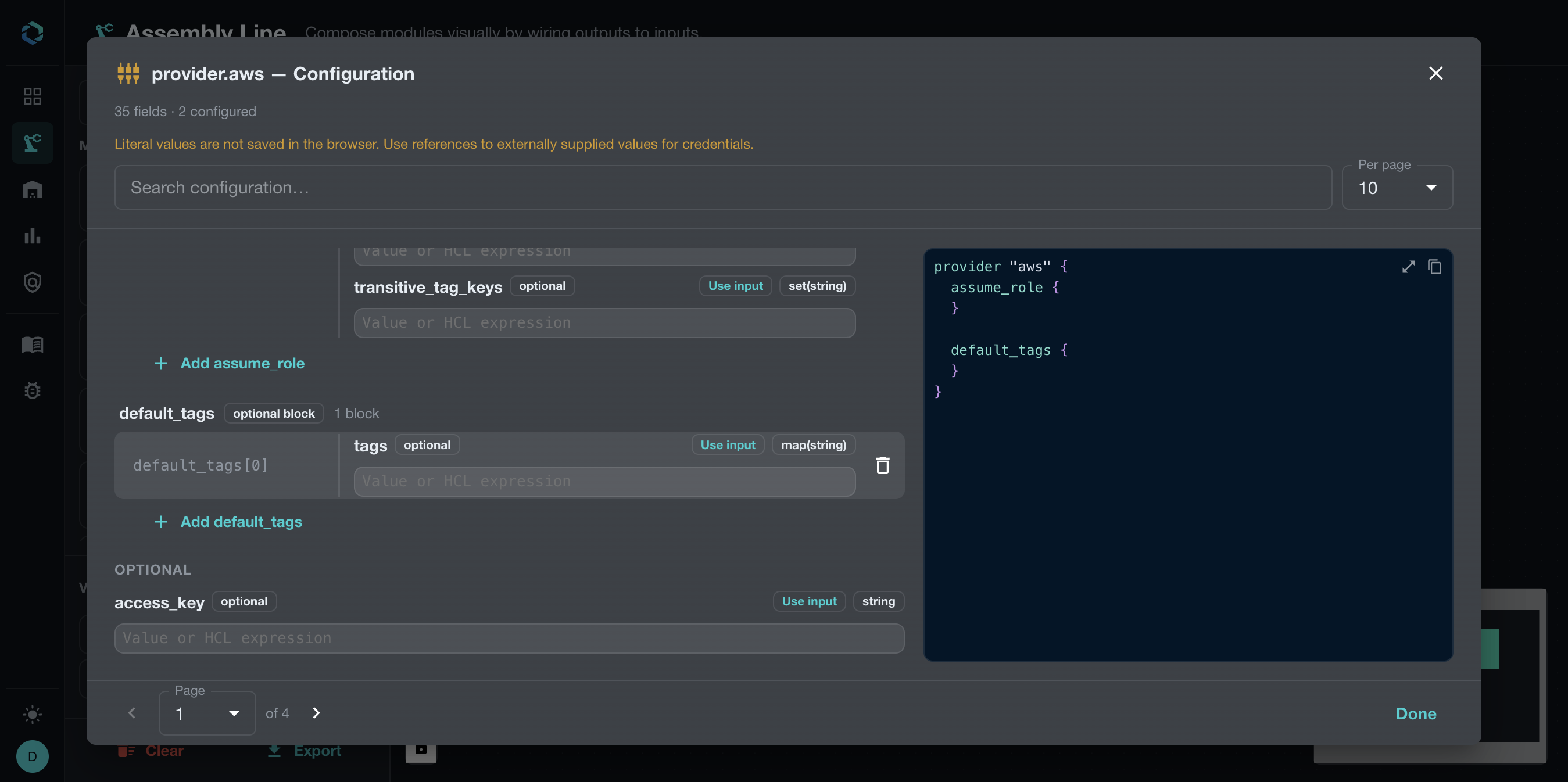 Assembly Line provider configuration form showing nested blocks, complex attribute types, and its HCL preview