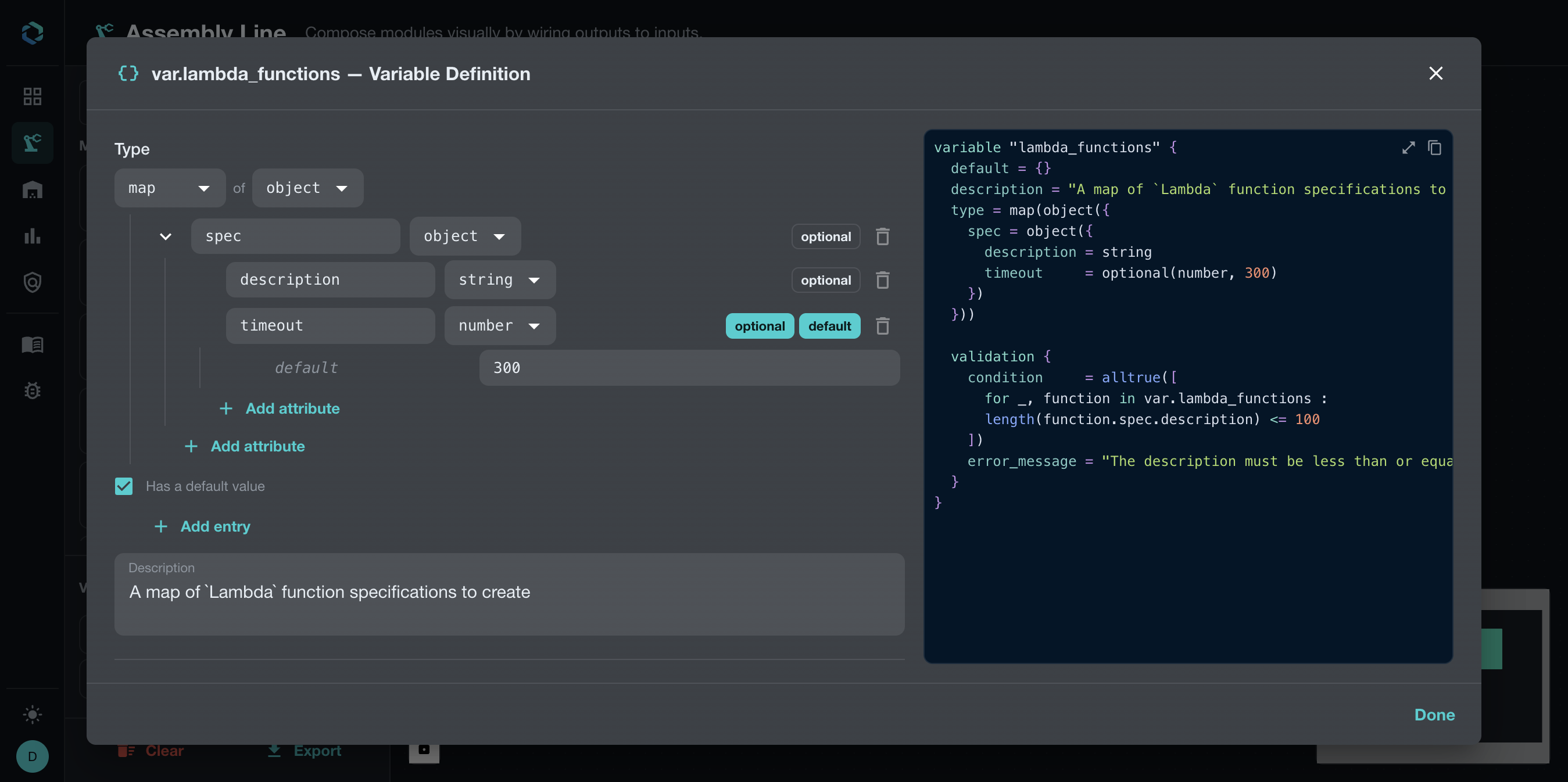 Assembly Line variable editor showing nested map and object types beside the generated HCL preview