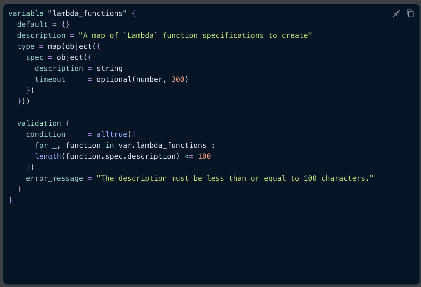 Expanded HCL preview for var.lambda_functions showing its nested type and validation block