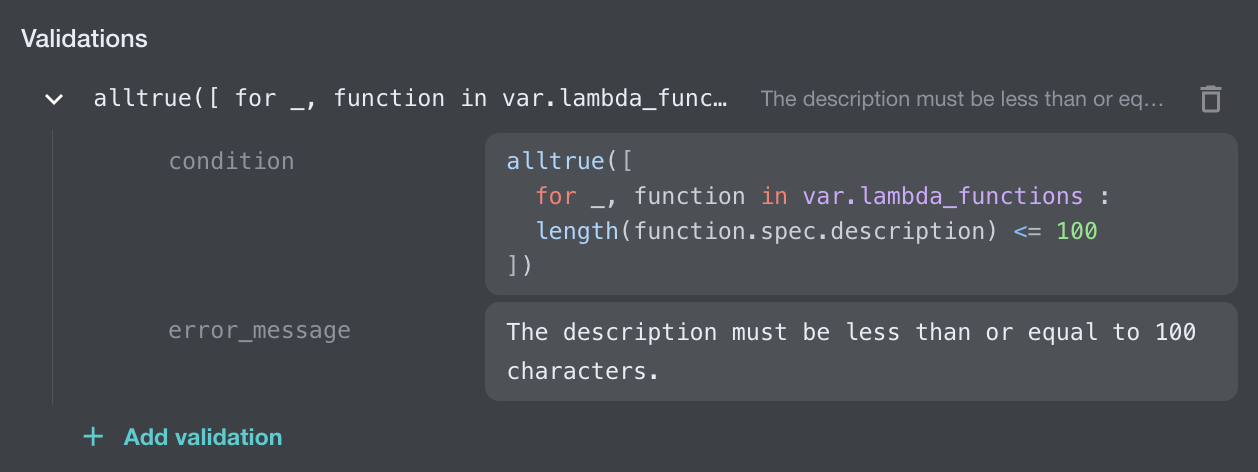 Assembly Line validation editor with a syntax-highlighted condition and error message