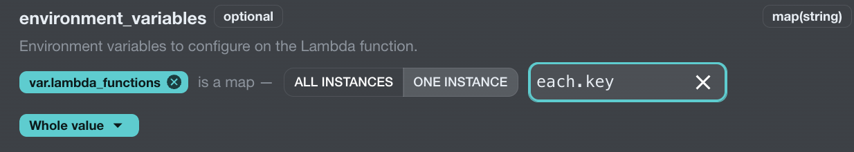 One instance of var.lambda_functions selected with each.key and the descendant set to Whole value