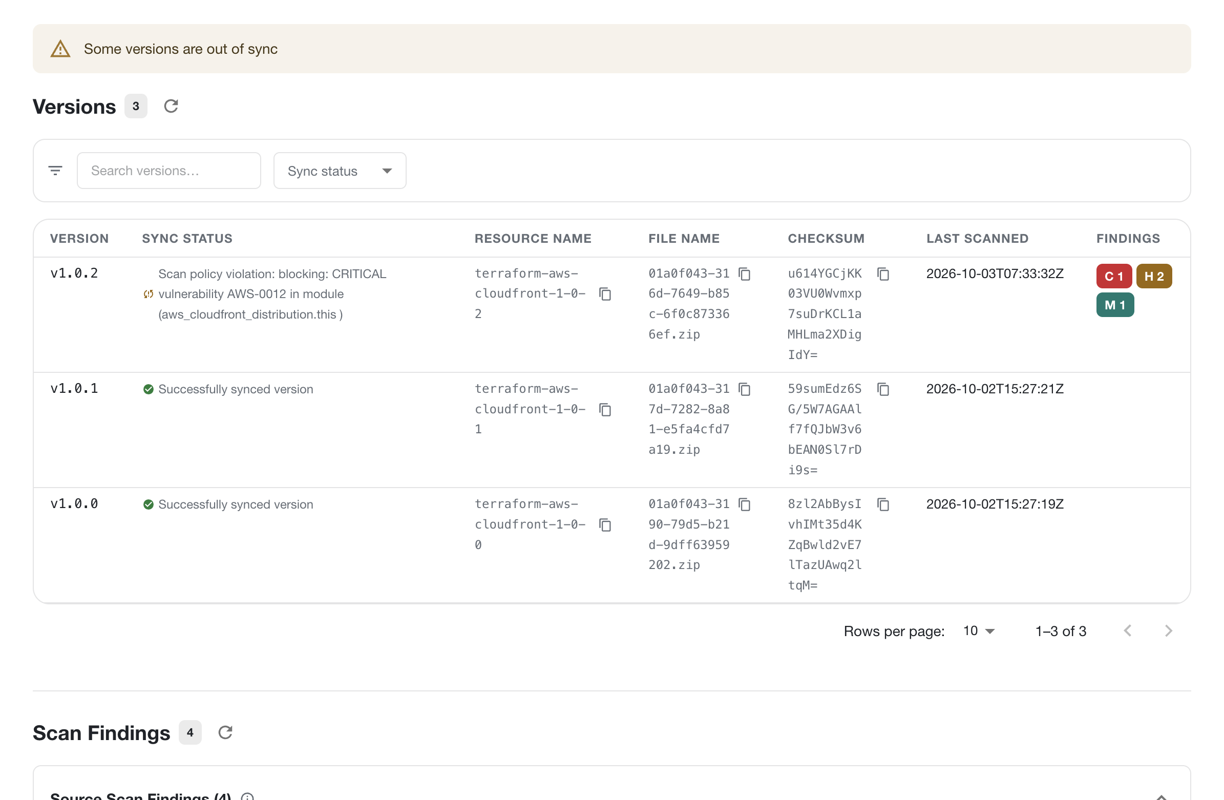 OpenDepot Workshop Versions table showing a scan policy violation