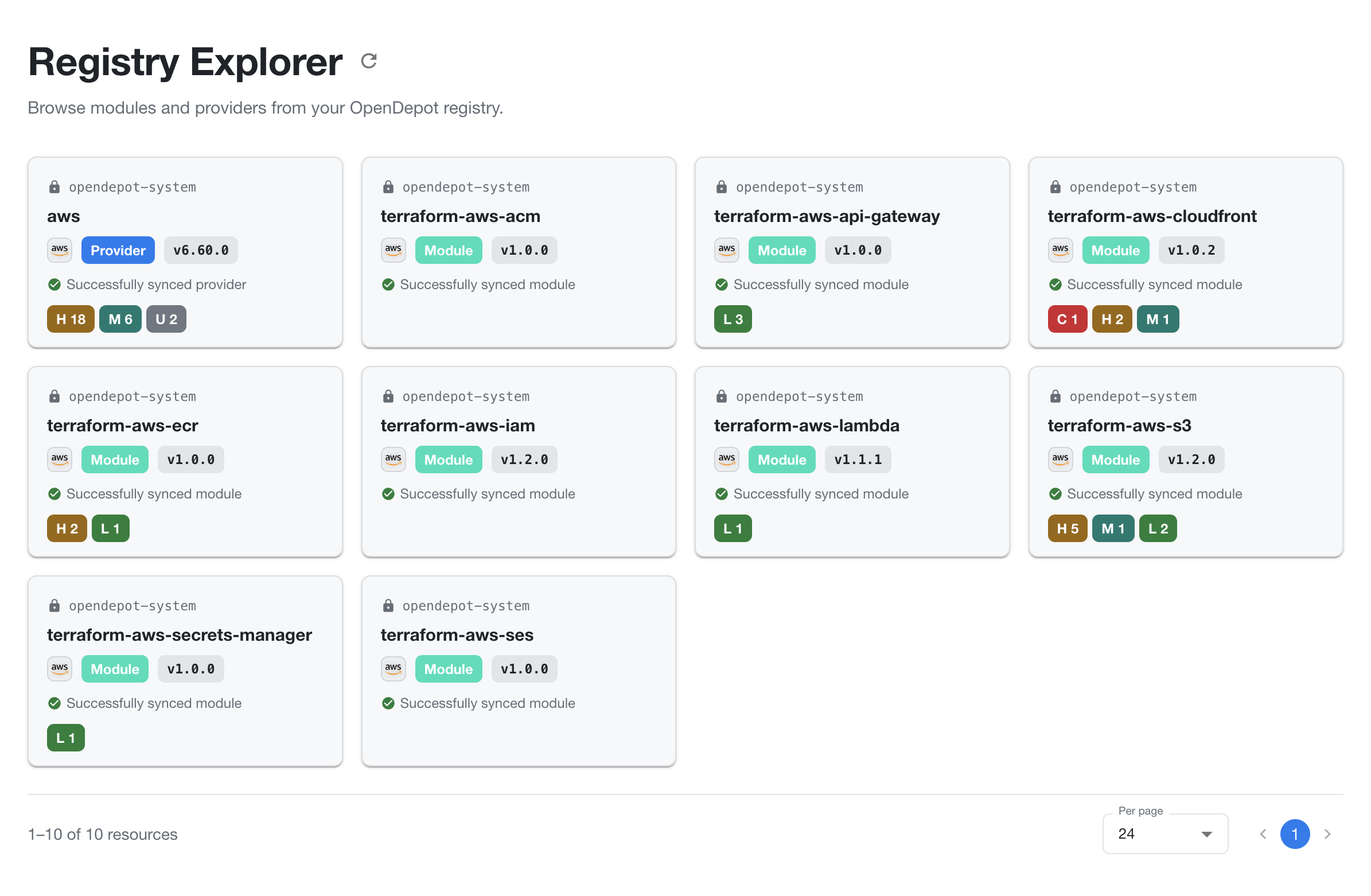 OpenDepot Workshop Registry Explorer showing modules, providers, versions, and scan findings