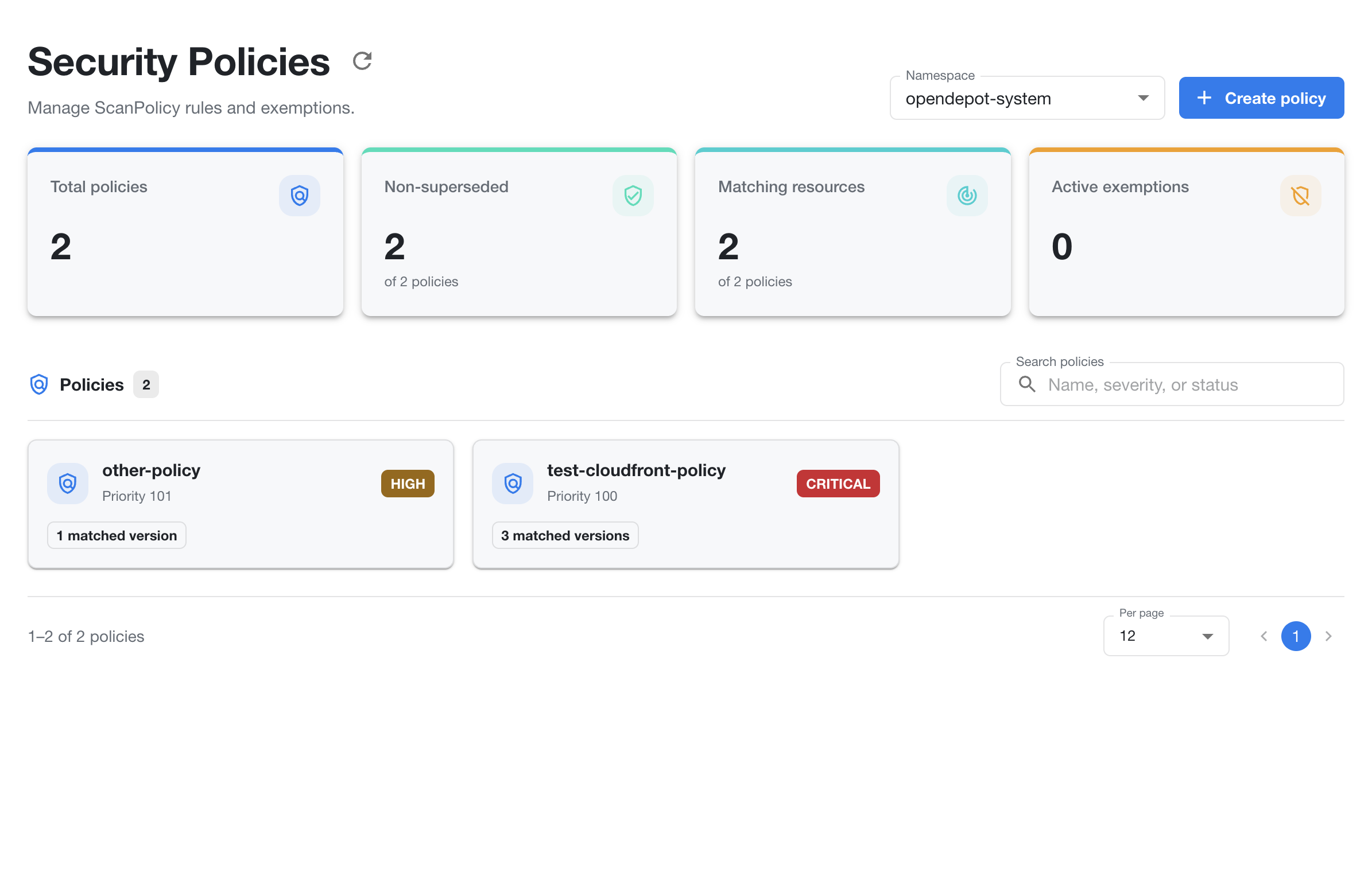 OpenDepot Workshop Security Policies page showing policy summaries and matching resources