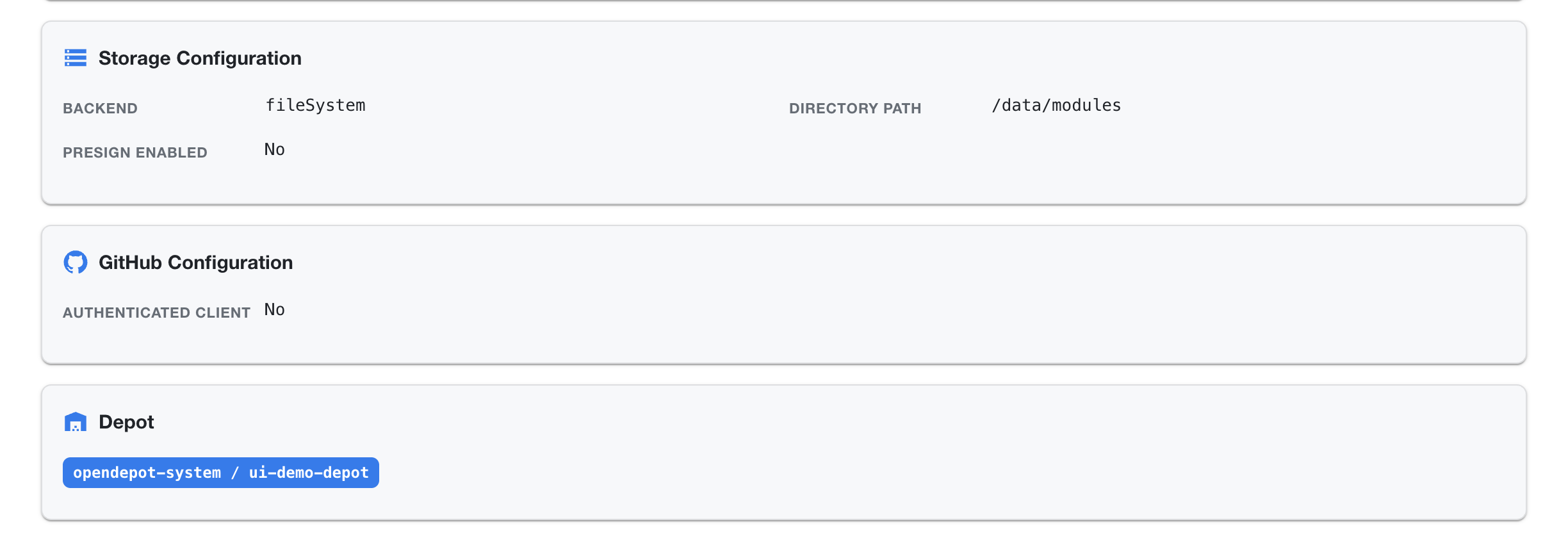 OpenDepot Workshop module Storage Configuration, GitHub Configuration, and Depot settings