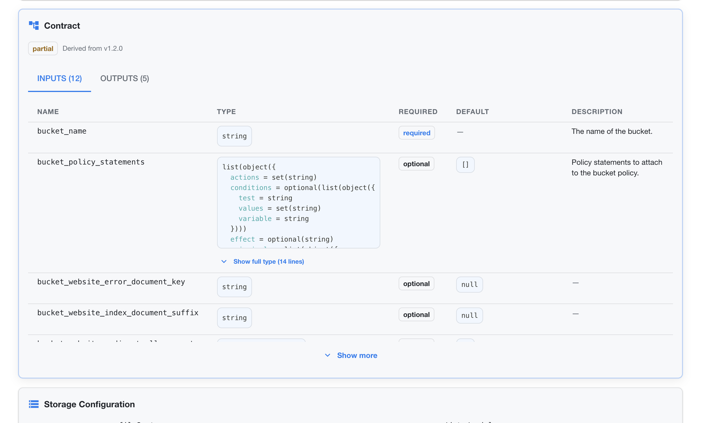 OpenDepot Workshop module contract showing Inputs and Outputs tabs, typed arguments, required status, defaults, and descriptions