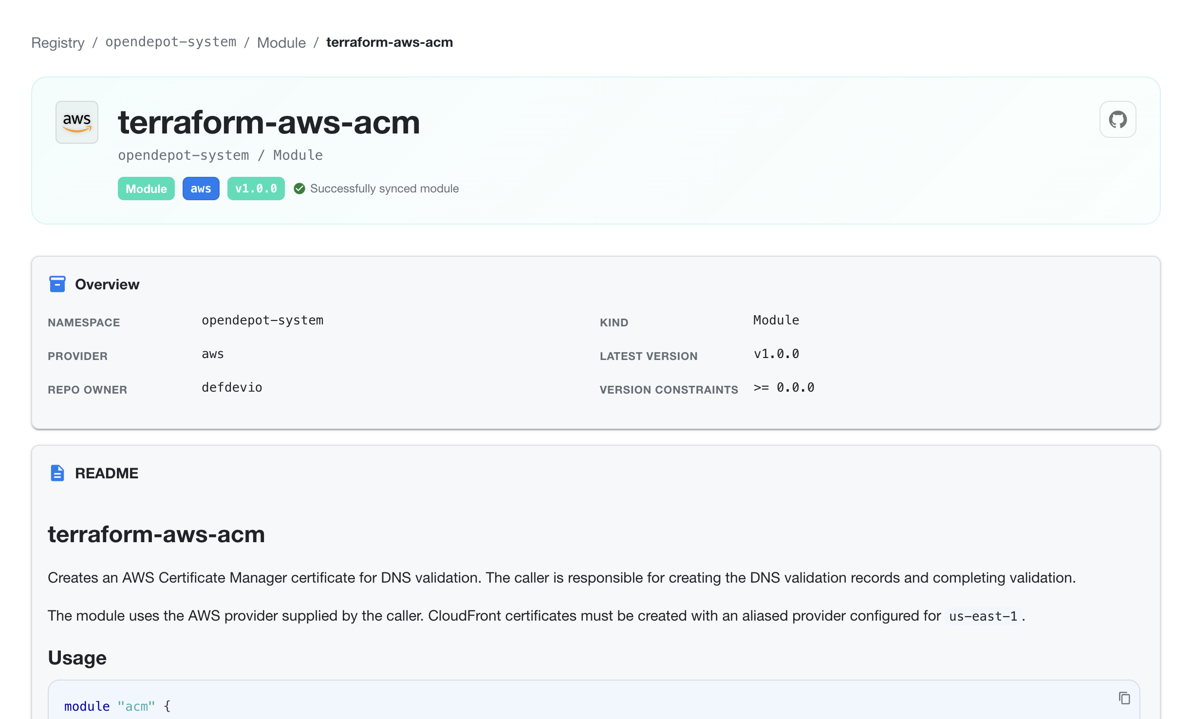 OpenDepot Workshop Module Details page showing module status, overview metadata, README, and usage example