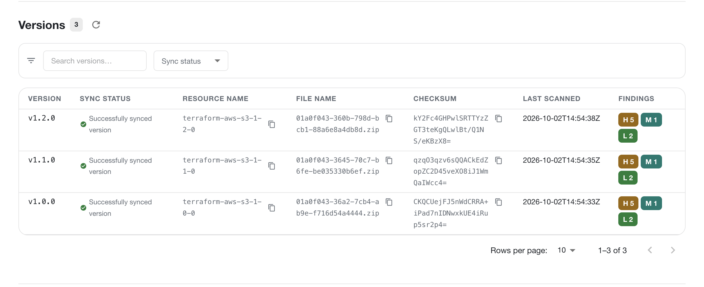 OpenDepot Workshop module Versions view showing filters, synchronized archives, checksums, scan timestamps, and findings