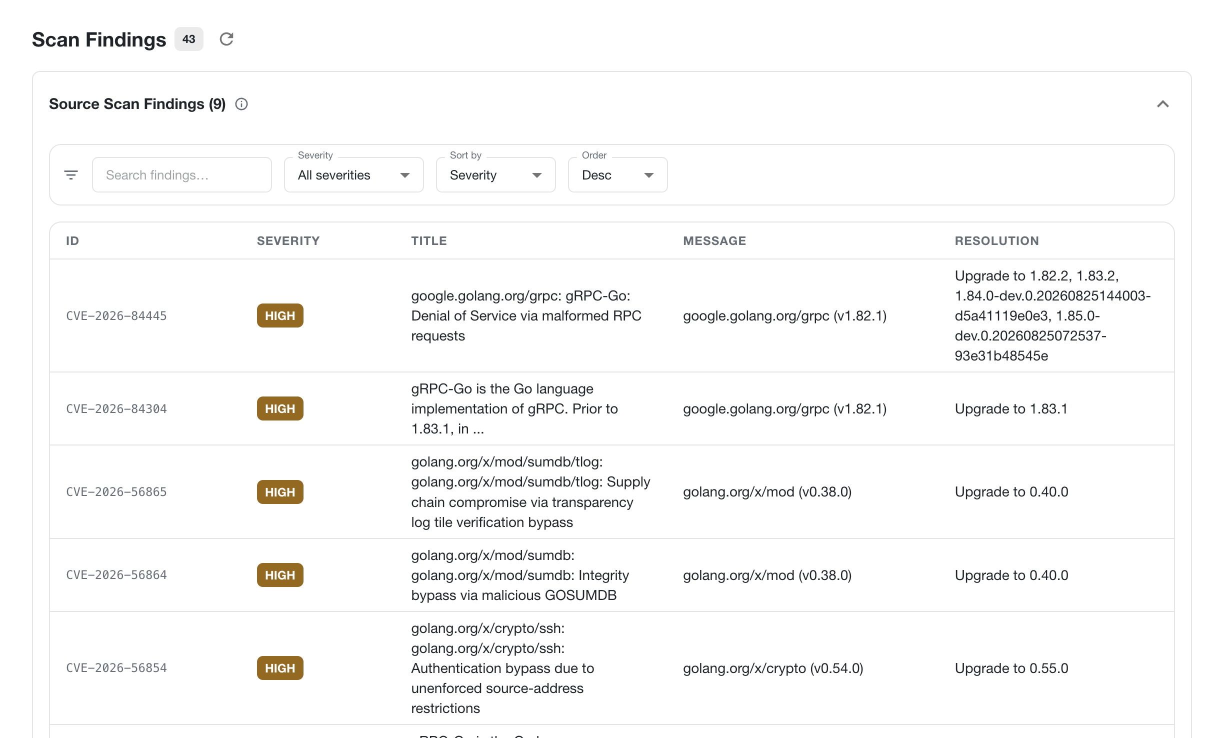 OpenDepot Workshop Scan Findings view showing severity filters, vulnerability IDs, affected packages, and remediation guidance