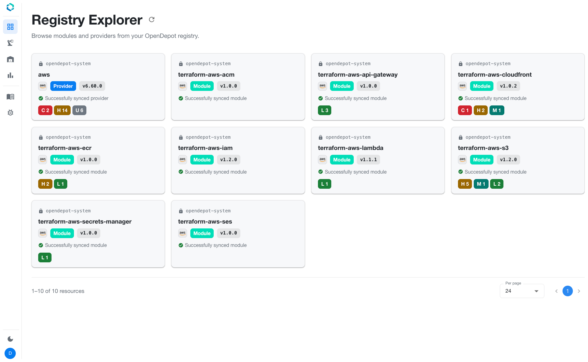 OpenDepot Registry Explorer showing modules, providers, versions, and scan findings