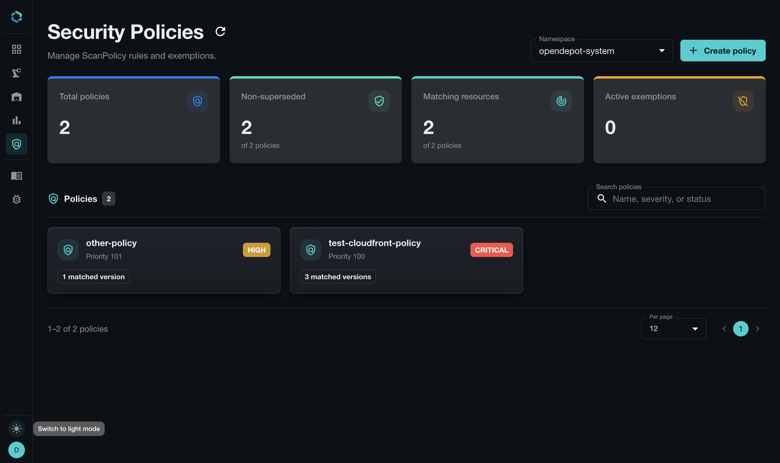 OpenDepot Security Policies page showing policy totals, matching resources, exemptions, and HIGH and CRITICAL policies